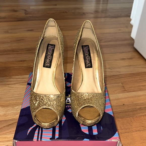 Fun Taisma Gold Glitter Peep-Toe Pump High Heels shoes Sz 9 original box - Picture 2 of 11